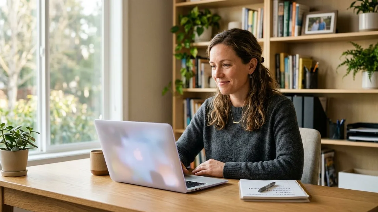 A nonprofit professional works thoughtfully at a laptop in a bright, plant-filled office