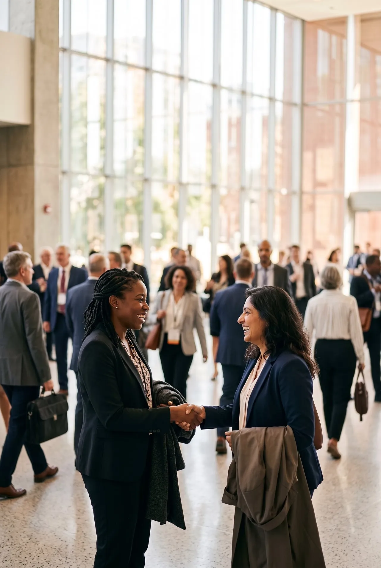 Professionals greet each other warmly in a bright convention center foyer on opening morning