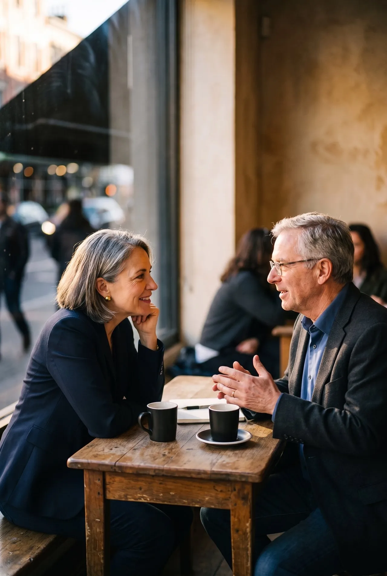 An executive director and a foundation officer lean into a one-on-one conversation at a cafe table