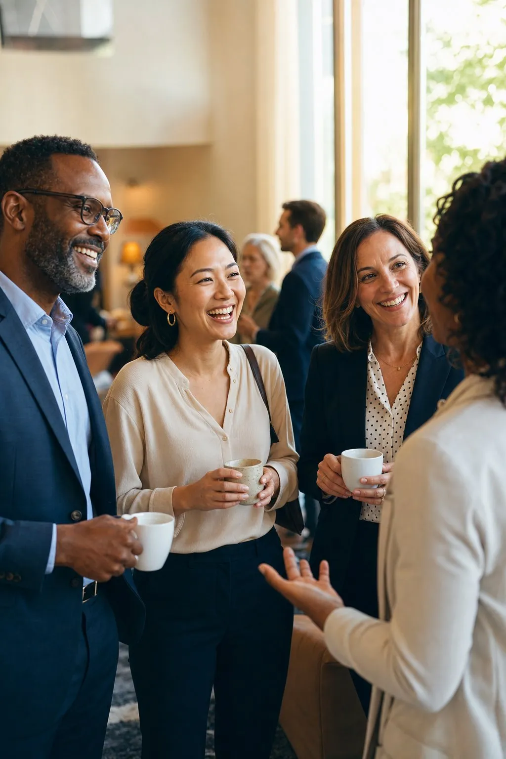 Association members welcome a newcomer into their conversation circle at a member mixer