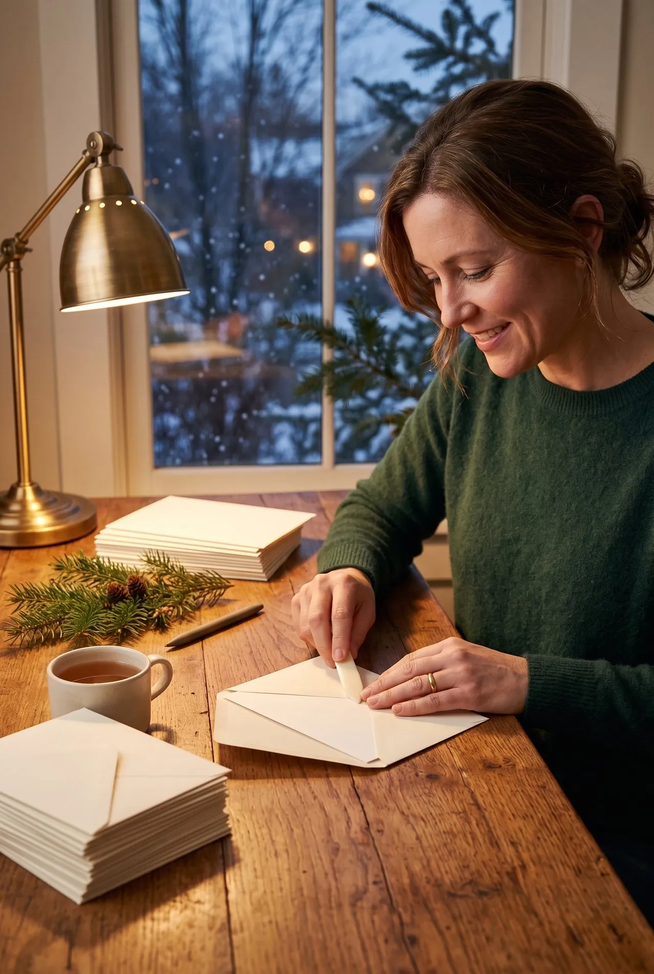 A development director seals a thank-you card into an envelope by lamplight, snow outside the window