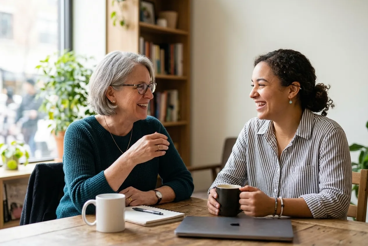 Two colleagues in a warm, collaborative conversation