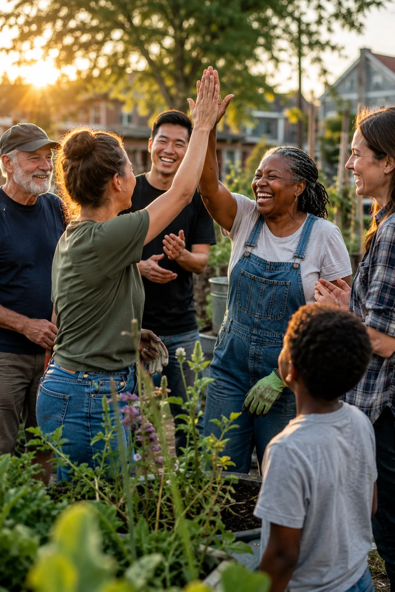 A nonprofit team and volunteers celebrate together in a community garden at golden hour